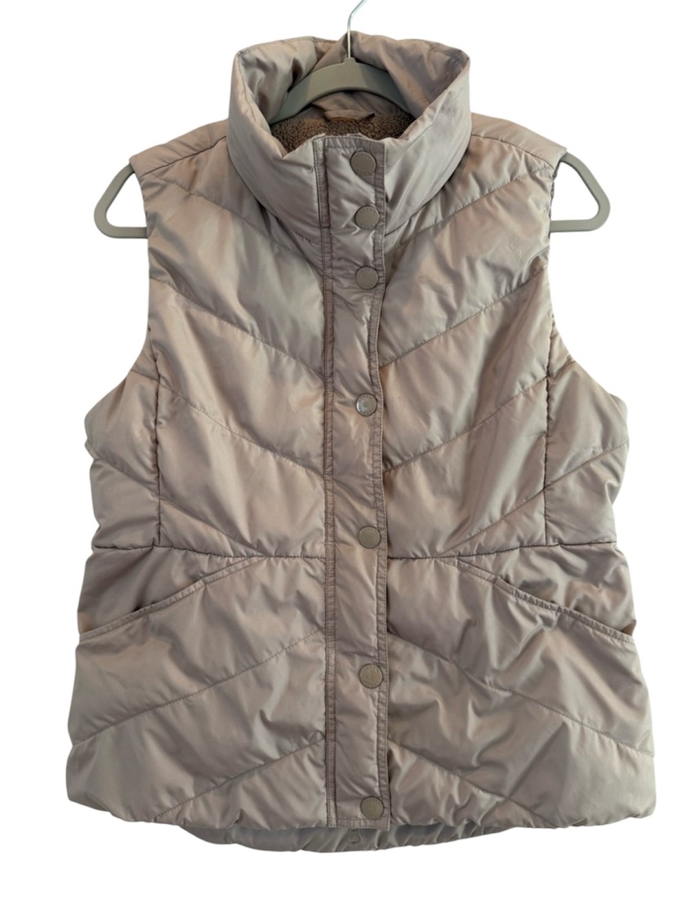Women's J. Crew Sherpa Lined 80% Sown Puffer Vest, Taupe Minimalist Capsule Sz M